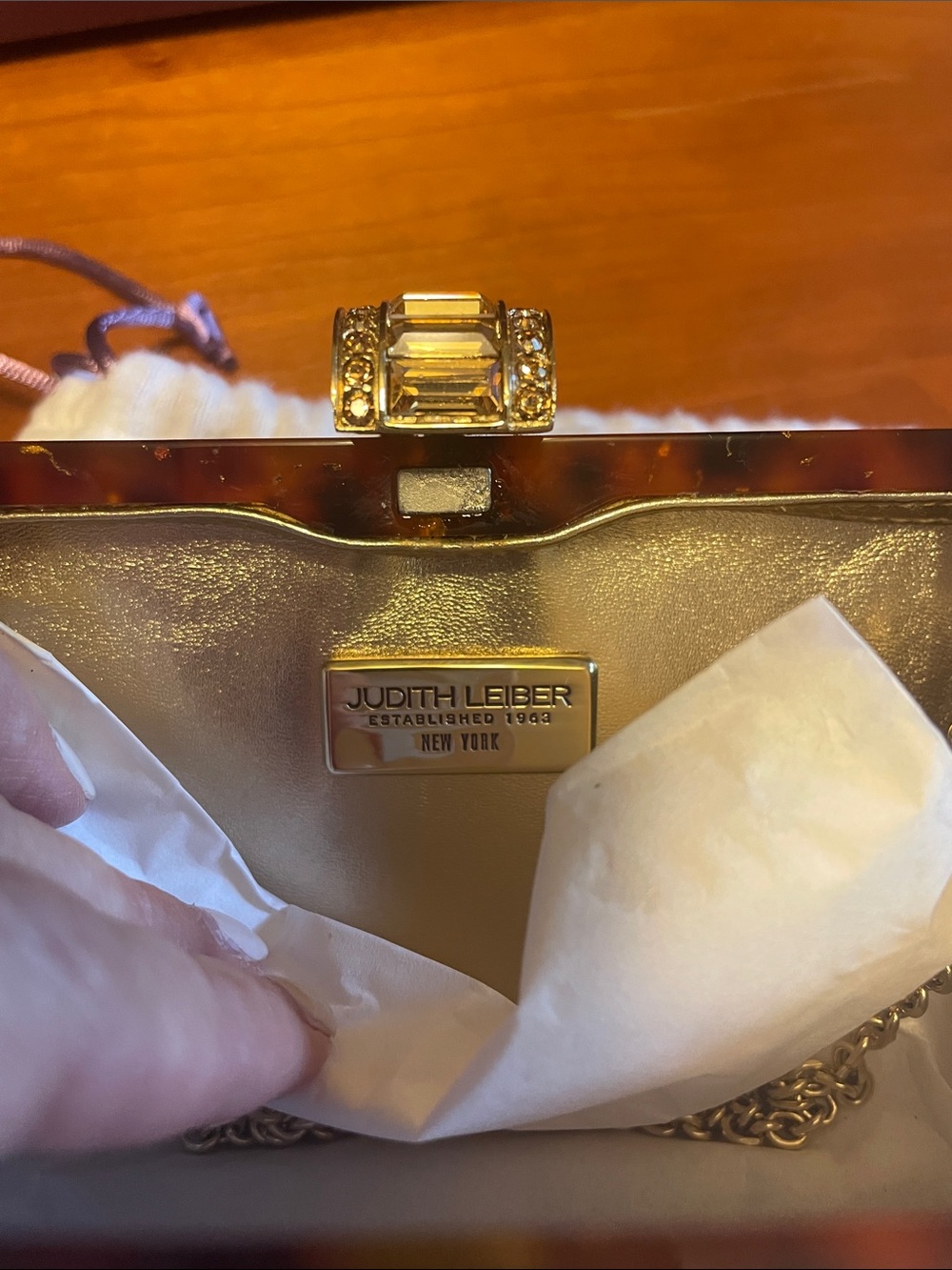 Judith Leiber Tortoise and Gold Crystal Minaudière Clutch - Picture 9 of 16